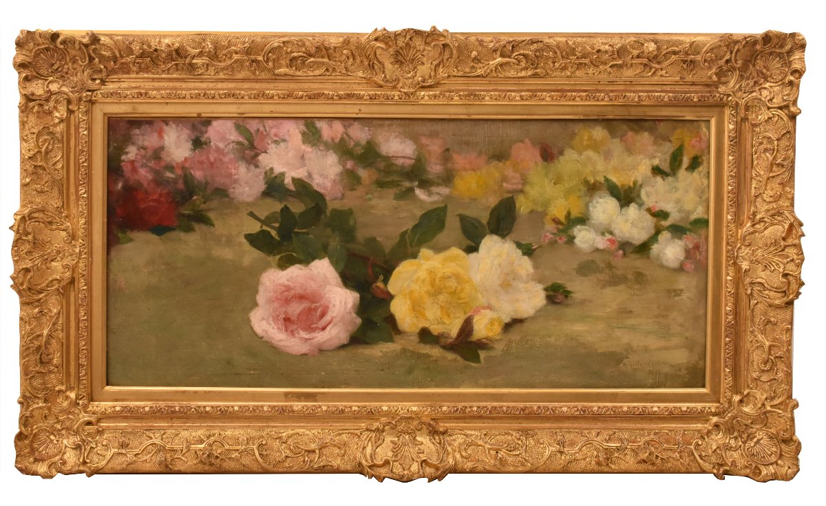 Flowers  Still Life Painting, Jeté De Roses, Oil On Canvas, Antique Painting, XIX. (qf782)