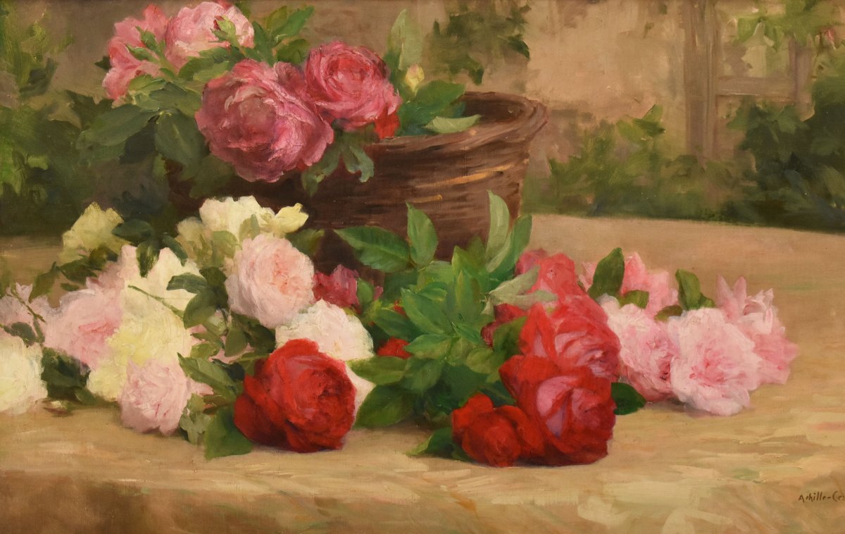 Nature Morte Florale, Achille Théodore Cesbron, Panier De Roses, XIXè (QF783)-photo-3