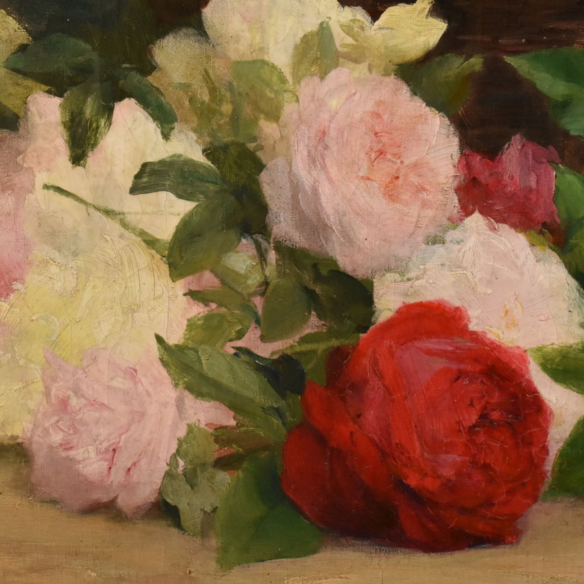Nature Morte Florale, Achille Théodore Cesbron, Panier De Roses, XIXè (QF783)-photo-1