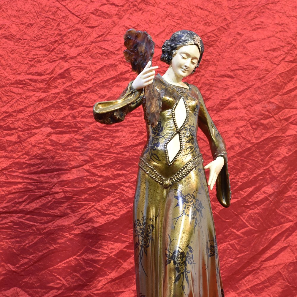 Antique Antimony Sculpture, Woman With Fan Sculpture, Art Deco, 20th Century. (stan25)-photo-3