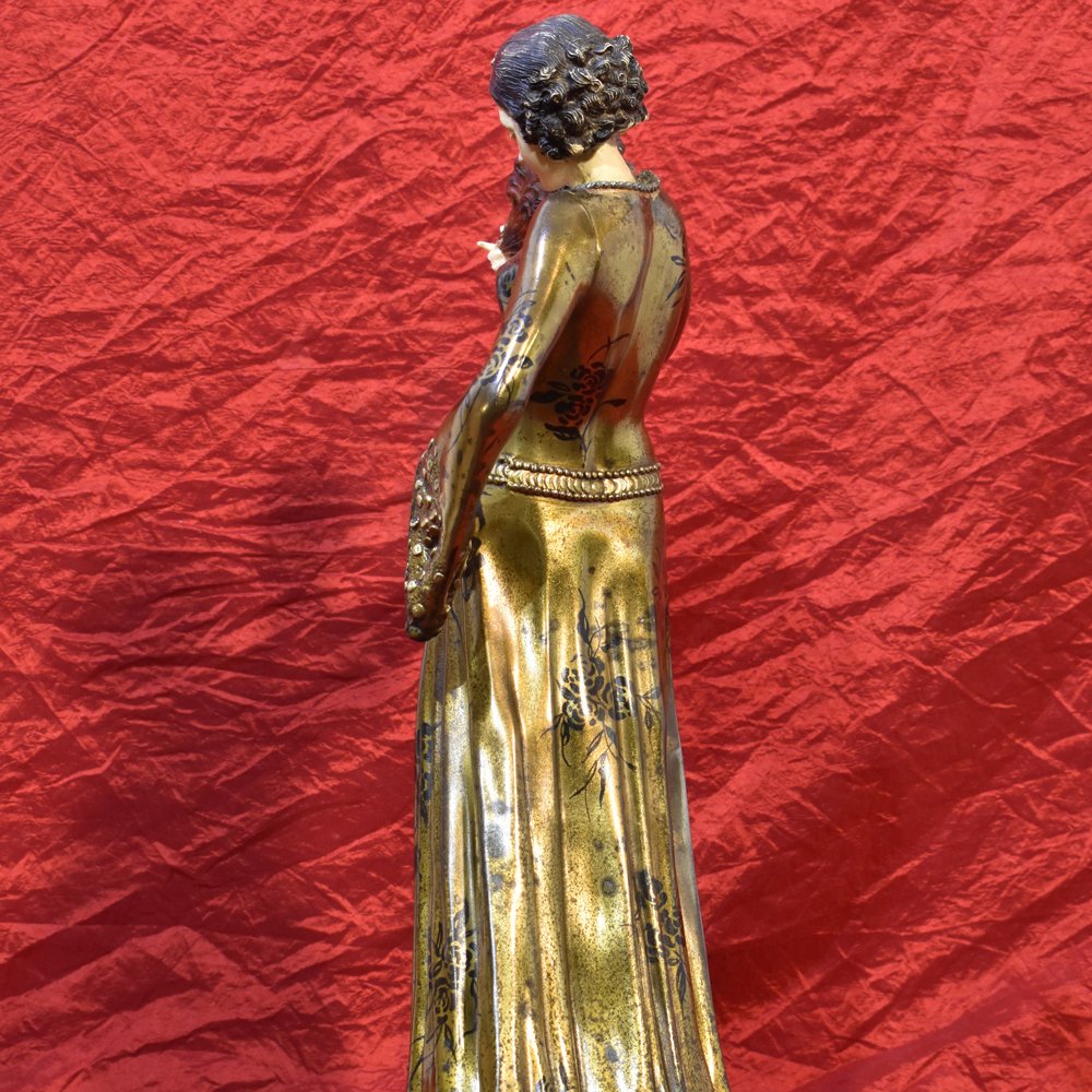 Antique Antimony Sculpture, Woman With Fan Sculpture, Art Deco, 20th Century. (stan25)-photo-1