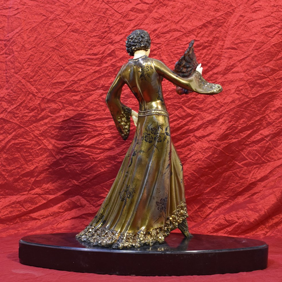 Antique Antimony Sculpture, Woman With Fan Sculpture, Art Deco, 20th Century. (stan25)-photo-2