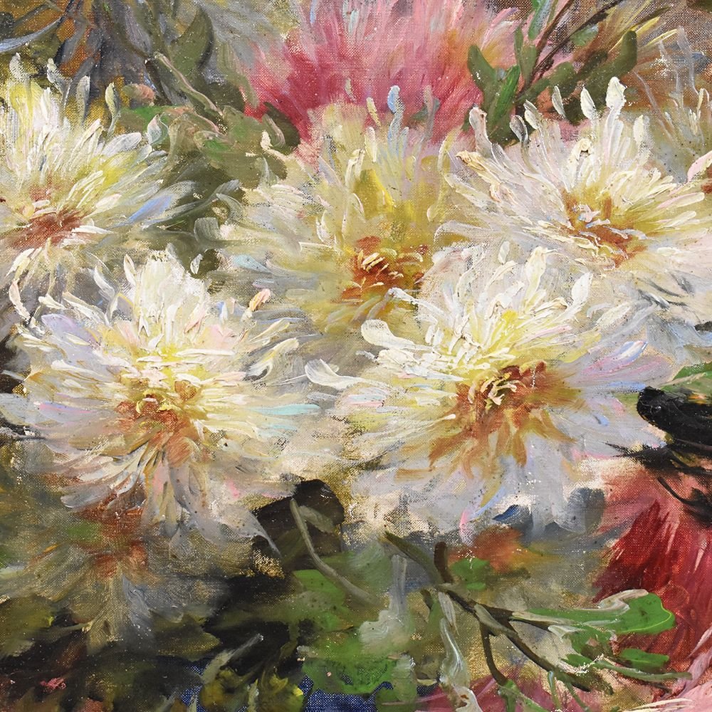 Large Flower painting, Dahlias And  Roses, Still Life, Oil On Canvas, 19th Century.   (qf237)-photo-3