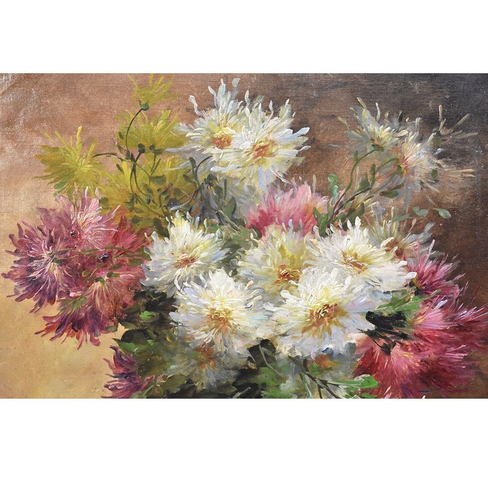 Large Flower painting, Dahlias And  Roses, Still Life, Oil On Canvas, 19th Century.   (qf237)-photo-2