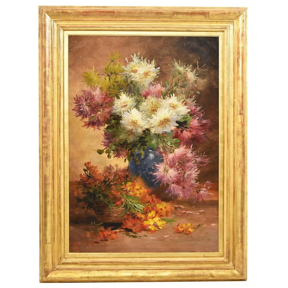 Large Flower painting, Dahlias And  Roses, Still Life, Oil On Canvas, 19th Century.   (qf237)
