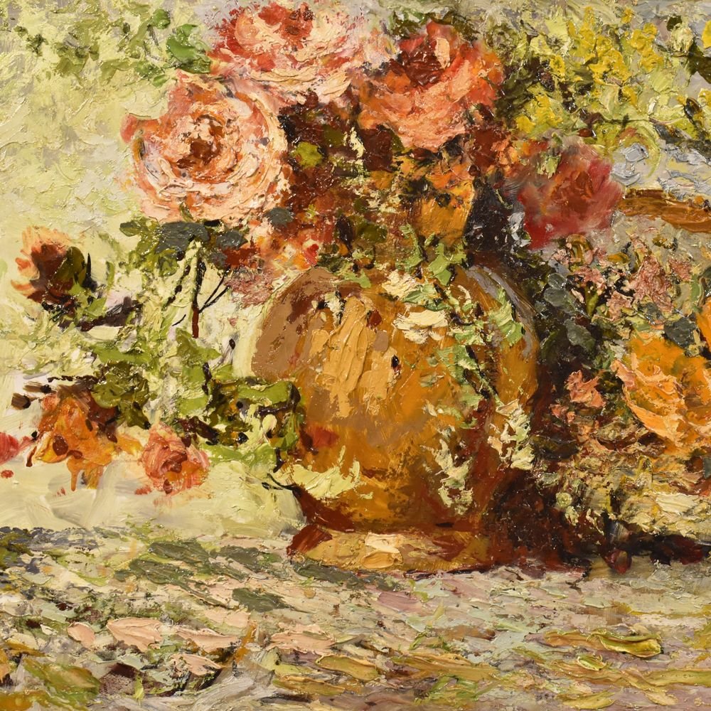 Flower Painting, Rose Painting, Still Life, Oil On Wood, Early Twentieth Century.  (qf207)-photo-2