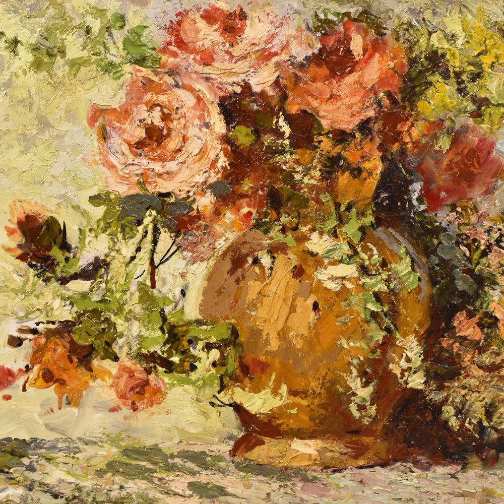 Flower Painting, Rose Painting, Still Life, Oil On Wood, Early Twentieth Century.  (qf207)-photo-3