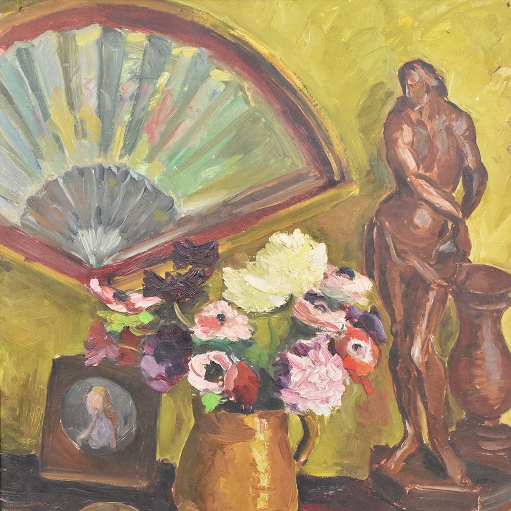 Still Life Art,  Fan And Anemones Flowers, Oil Painting On Wood, 20th Century. (qnm242)-photo-2