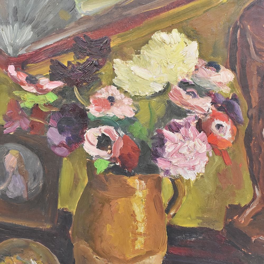 Still Life Art,  Fan And Anemones Flowers, Oil Painting On Wood, 20th Century. (qnm242)-photo-1