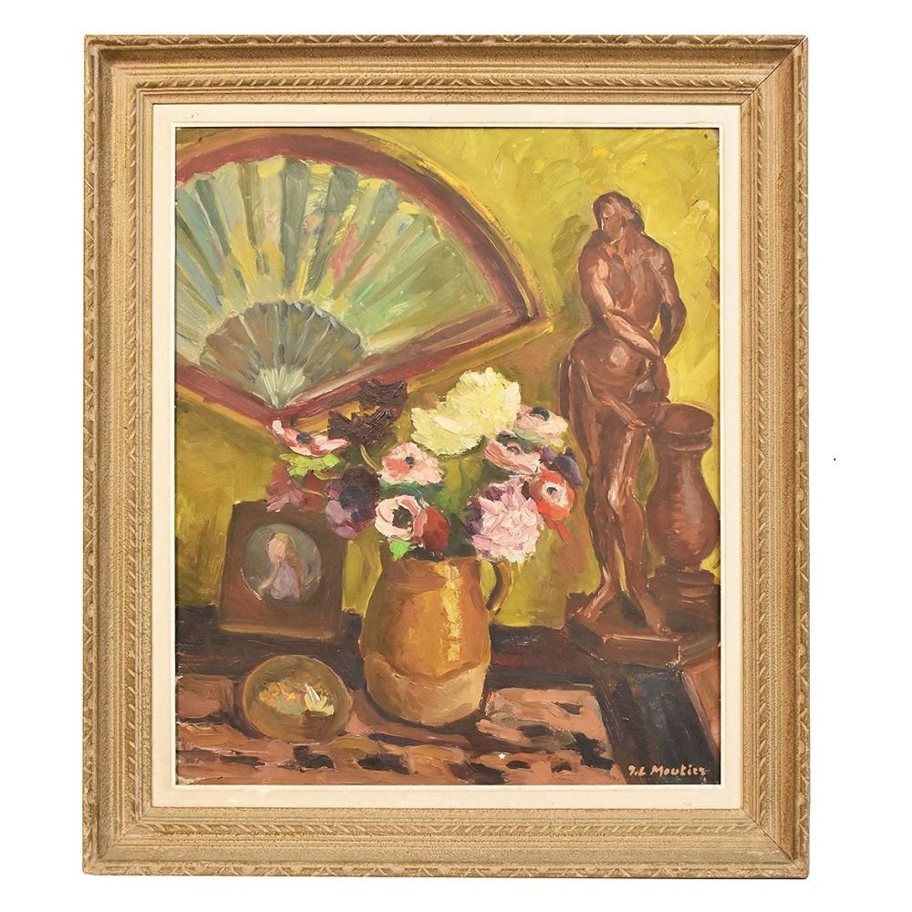 Still Life Art,  Fan And Anemones Flowers, Oil Painting On Wood, 20th Century. (qnm242)