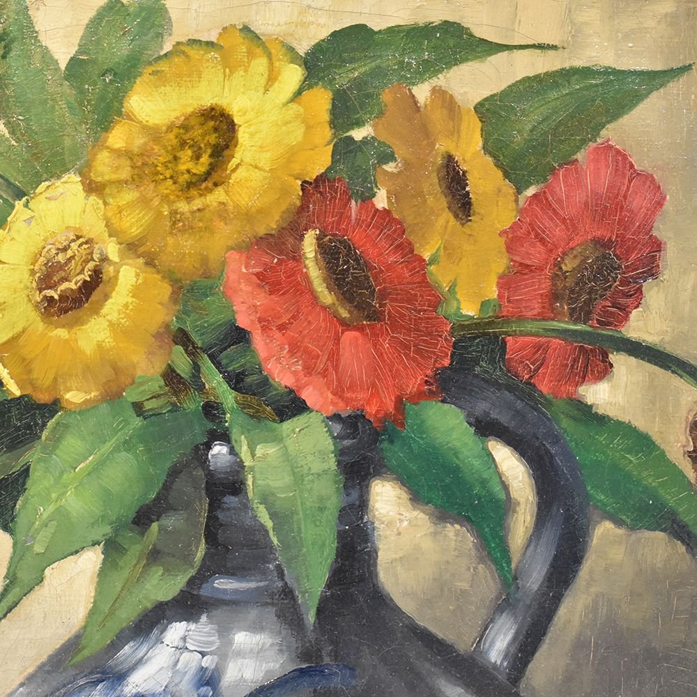 Flower Painting, Yellow And Red Gerberas, Oil On Canvas, 20th Century, Art Deco. (qf246)-photo-2