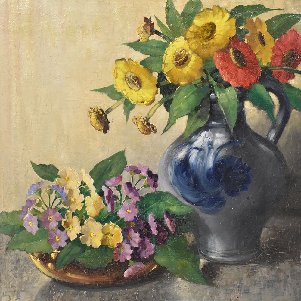 Flower Painting, Yellow And Red Gerberas, Oil On Canvas, 20th Century, Art Deco. (qf246)-photo-3