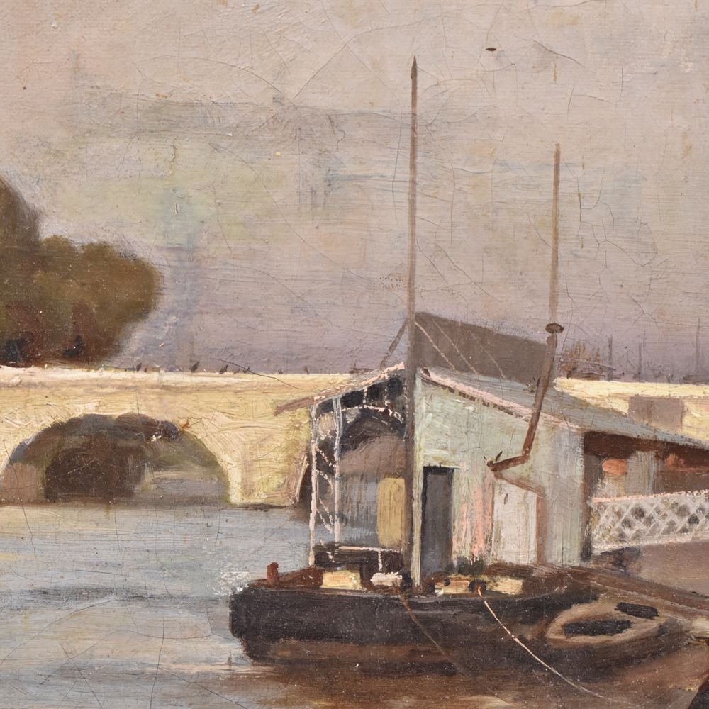 Landscape Painting, Antique Landscape, Pont Neuf In Paris, Oil On Canvas, 19th Century. (qp228)-photo-4