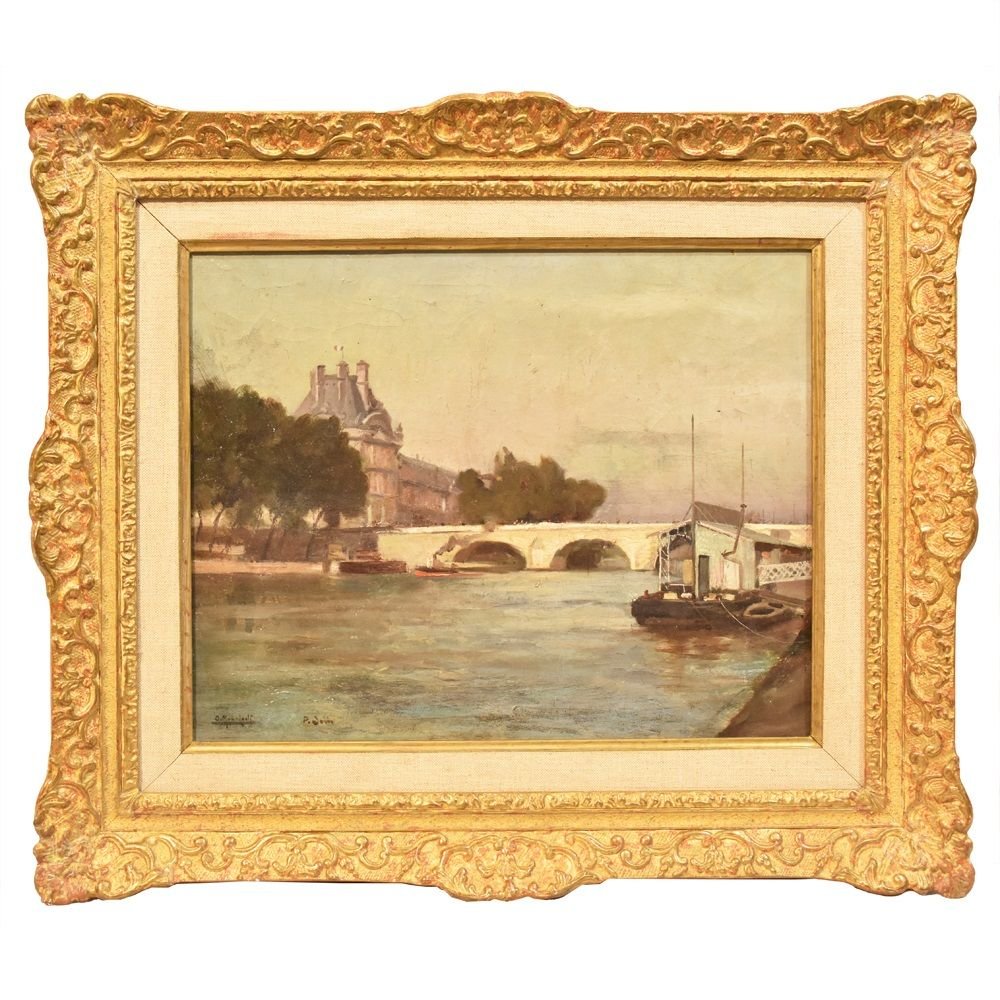 Landscape Painting, Antique Landscape, Pont Neuf In Paris, Oil On Canvas, 19th Century. (qp228)