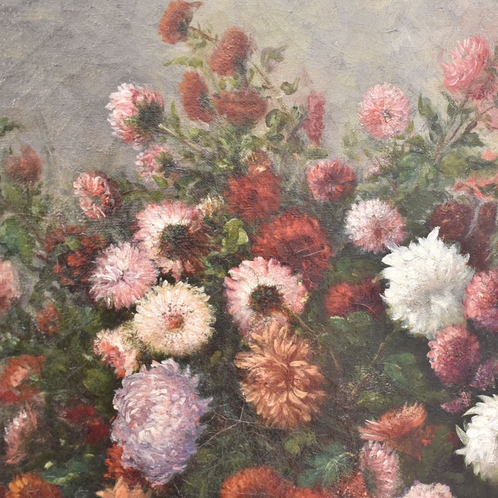 Flower Painting, Daisies And Chrysanthemums Flower Art,  Oil On Canvas, 19th Century. (qf232)-photo-3