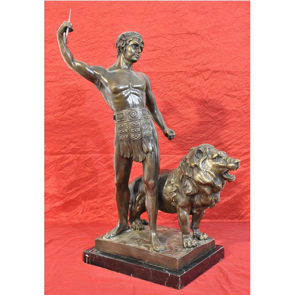 Antique Bronze Statues, Warrior And Lion With Spear, Signed Barye, 19th Century. (stb39)-photo-2