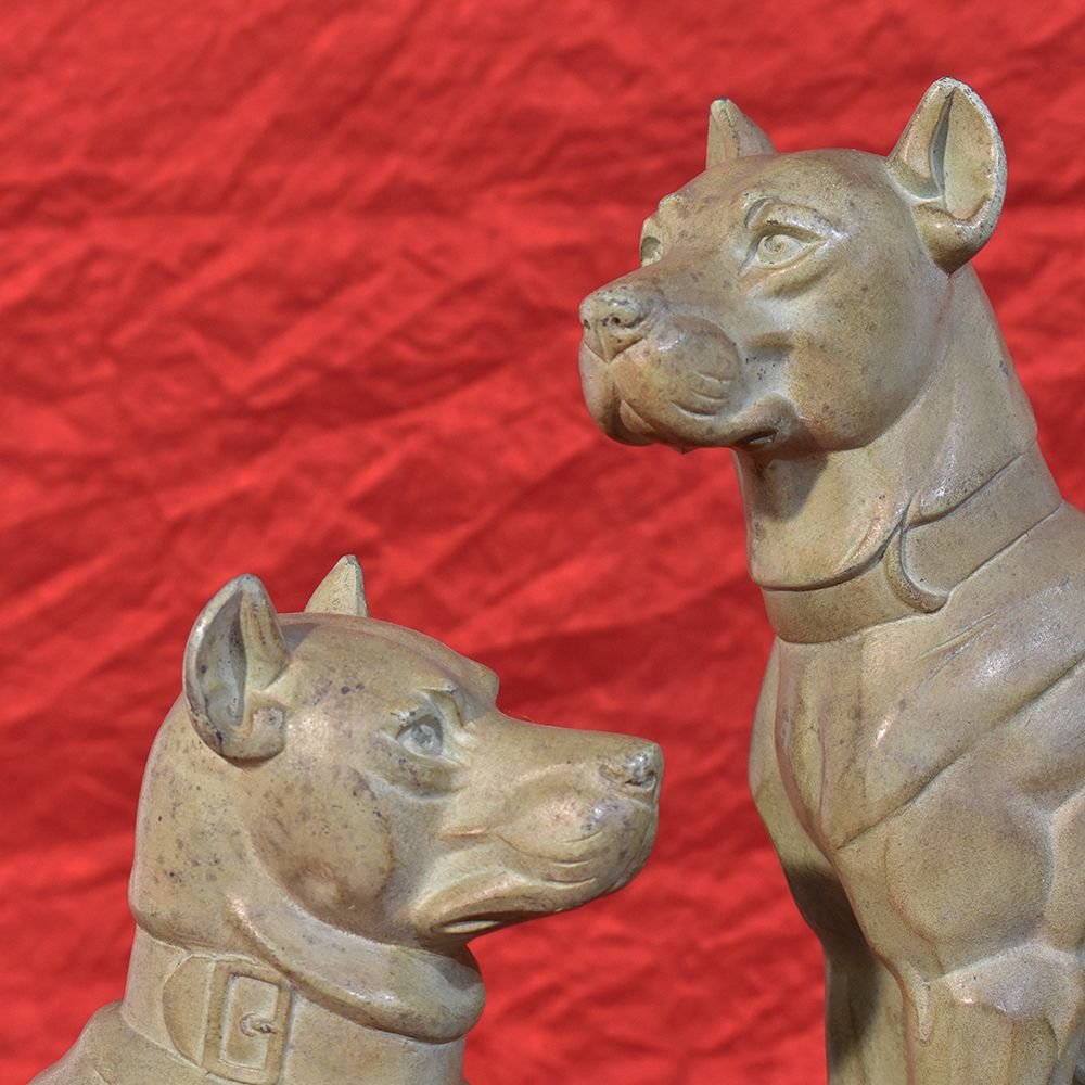 Sculptures En Régule, Sculpture Avec Deux Chiens, Signé Oudine, Art Déco. (STAN43)-photo-4