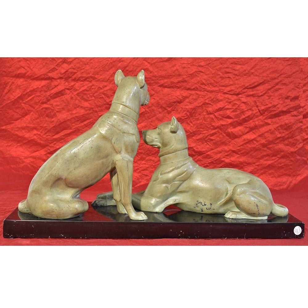 Sculptures En Régule, Sculpture Avec Deux Chiens, Signé Oudine, Art Déco. (STAN43)-photo-4