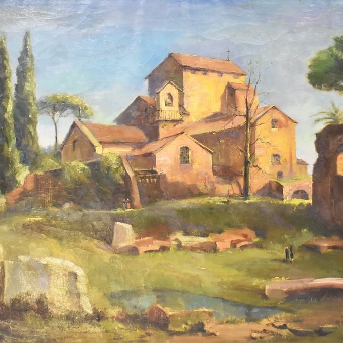 Landscape Painting, Rome Painting, Monastery Church, Oil On Canvas, 20th Century. (qp16)-photo-2