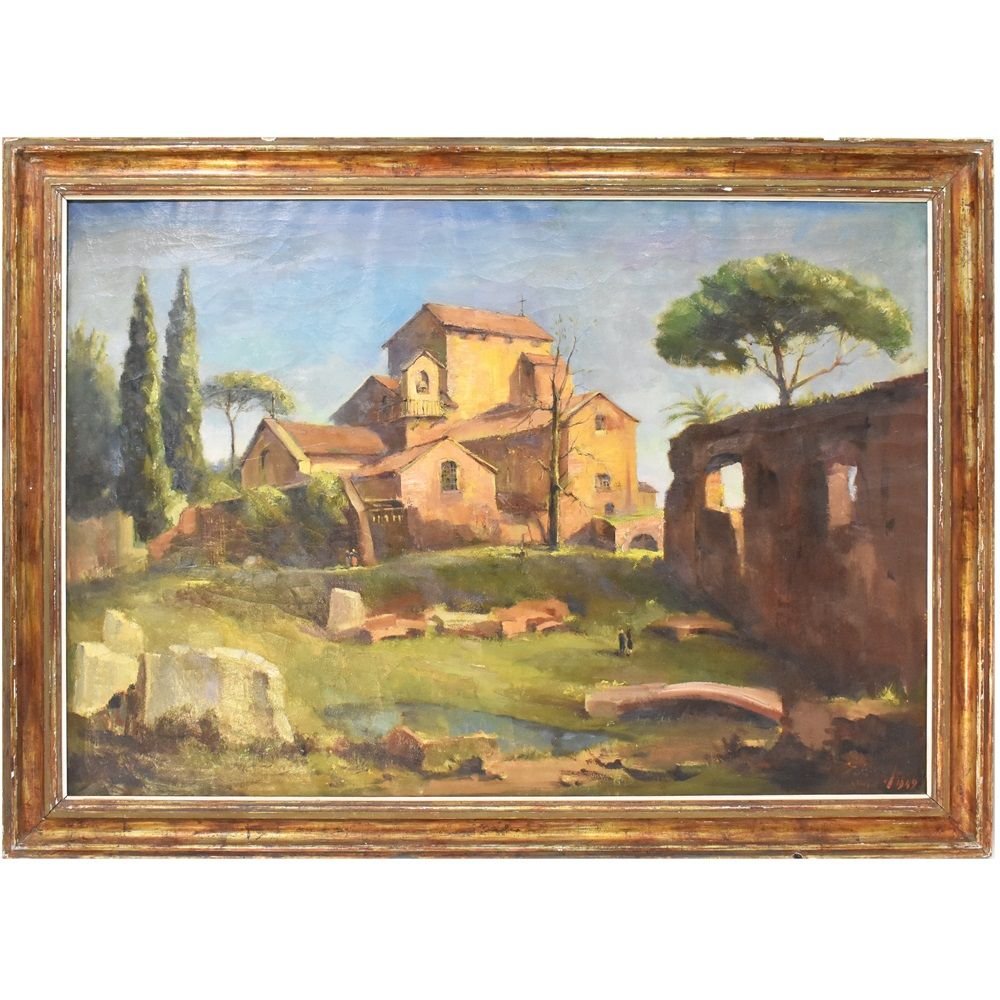 Landscape Painting, Rome Painting, Monastery Church, Oil On Canvas, 20th Century. (qp16)