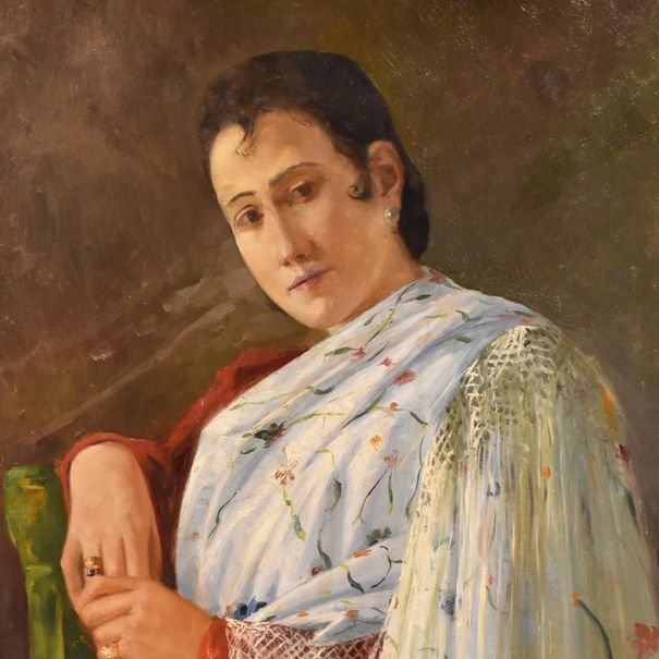 Portrait Painting, Woman With White Dress, Spanish, Oil Painting, 20th Century.(qr47)-photo-2