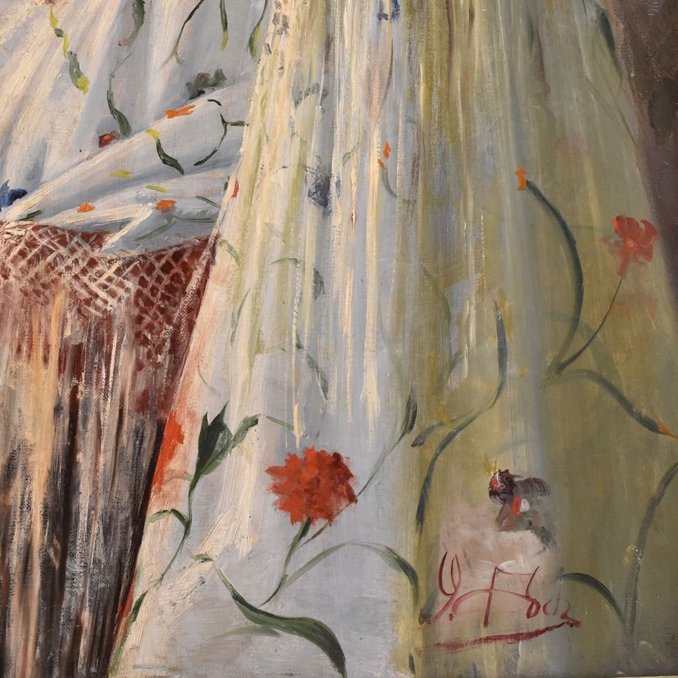 Portrait Painting, Woman With White Dress, Spanish, Oil Painting, 20th Century.(qr47)-photo-1