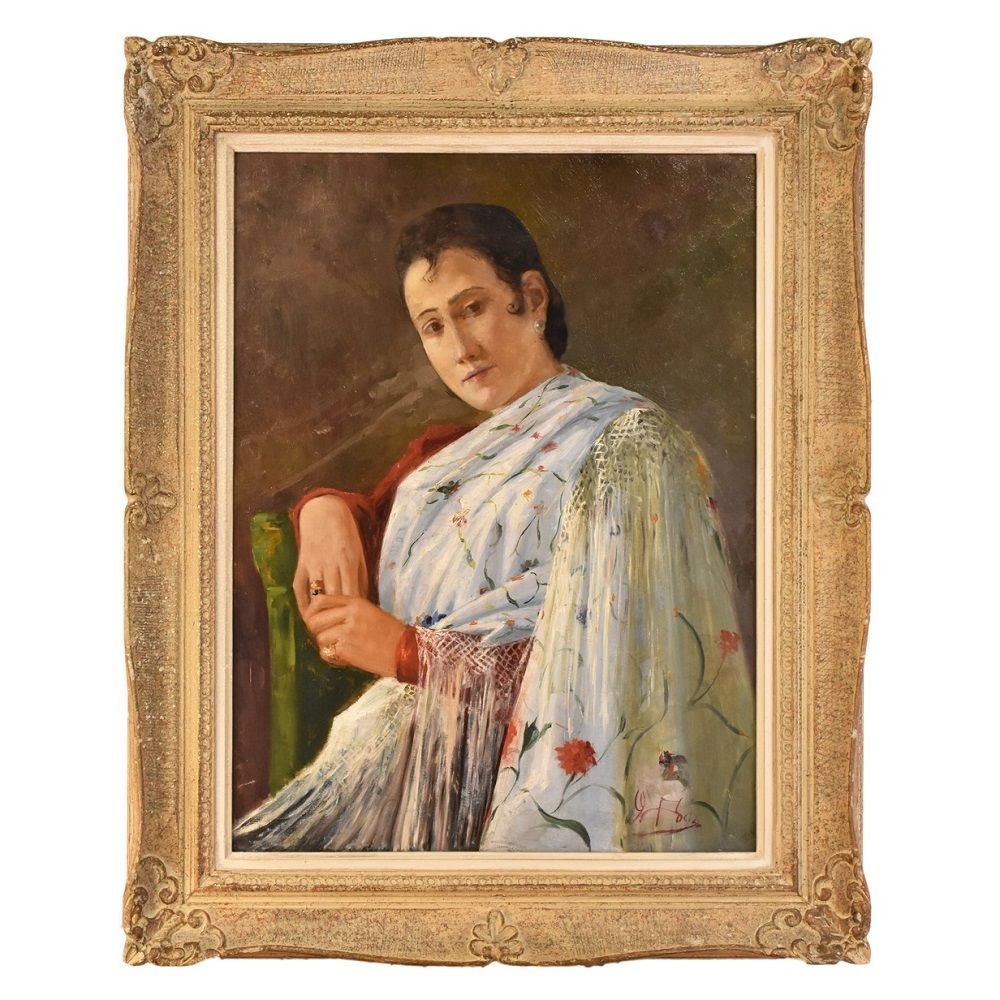 Portrait Painting, Woman With White Dress, Spanish, Oil Painting, 20th Century.(qr47)