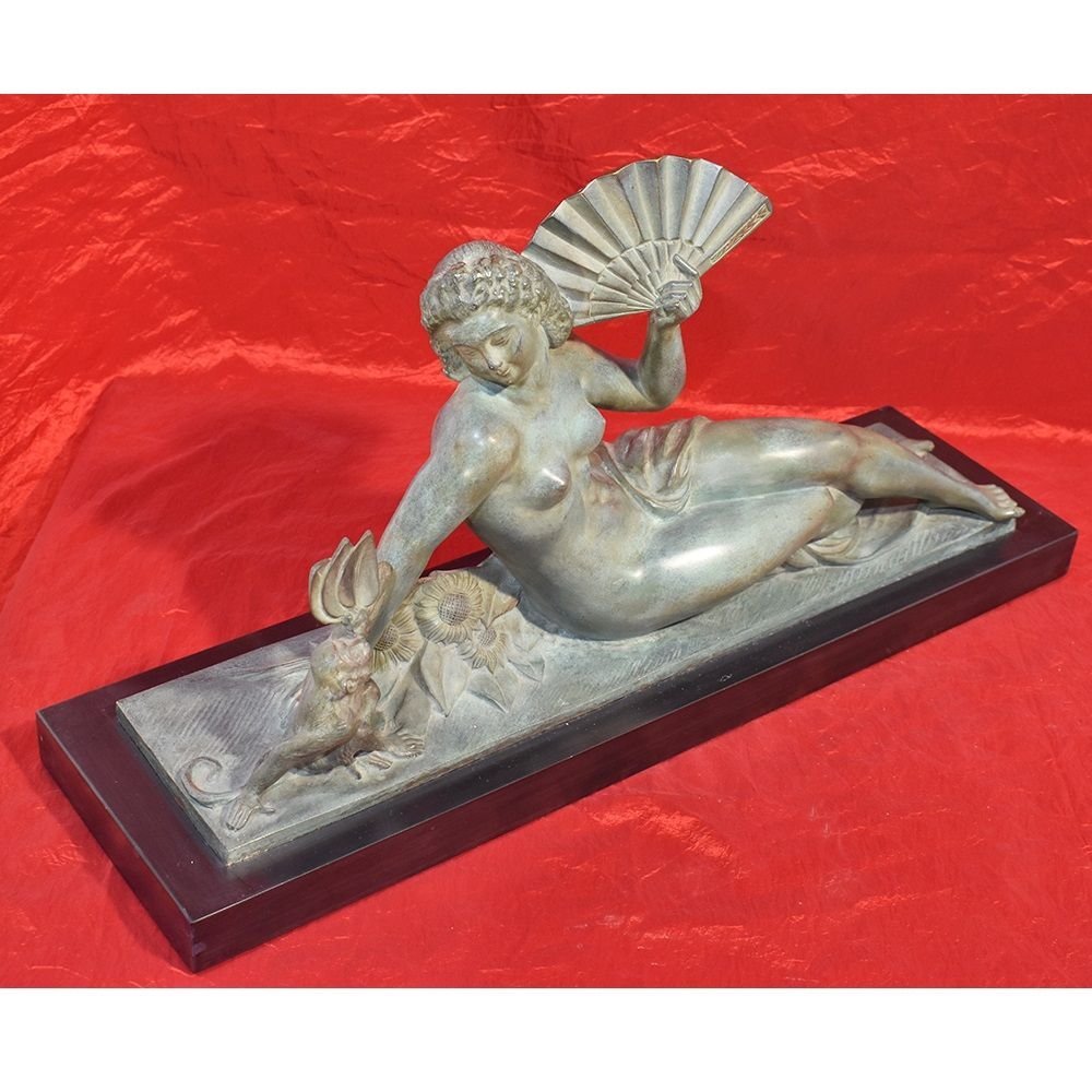 Sculptures Art Déco, Sculptures D'une Femme à l'éventail En Bronze, Début XXème Siècle. (STB31)-photo-3