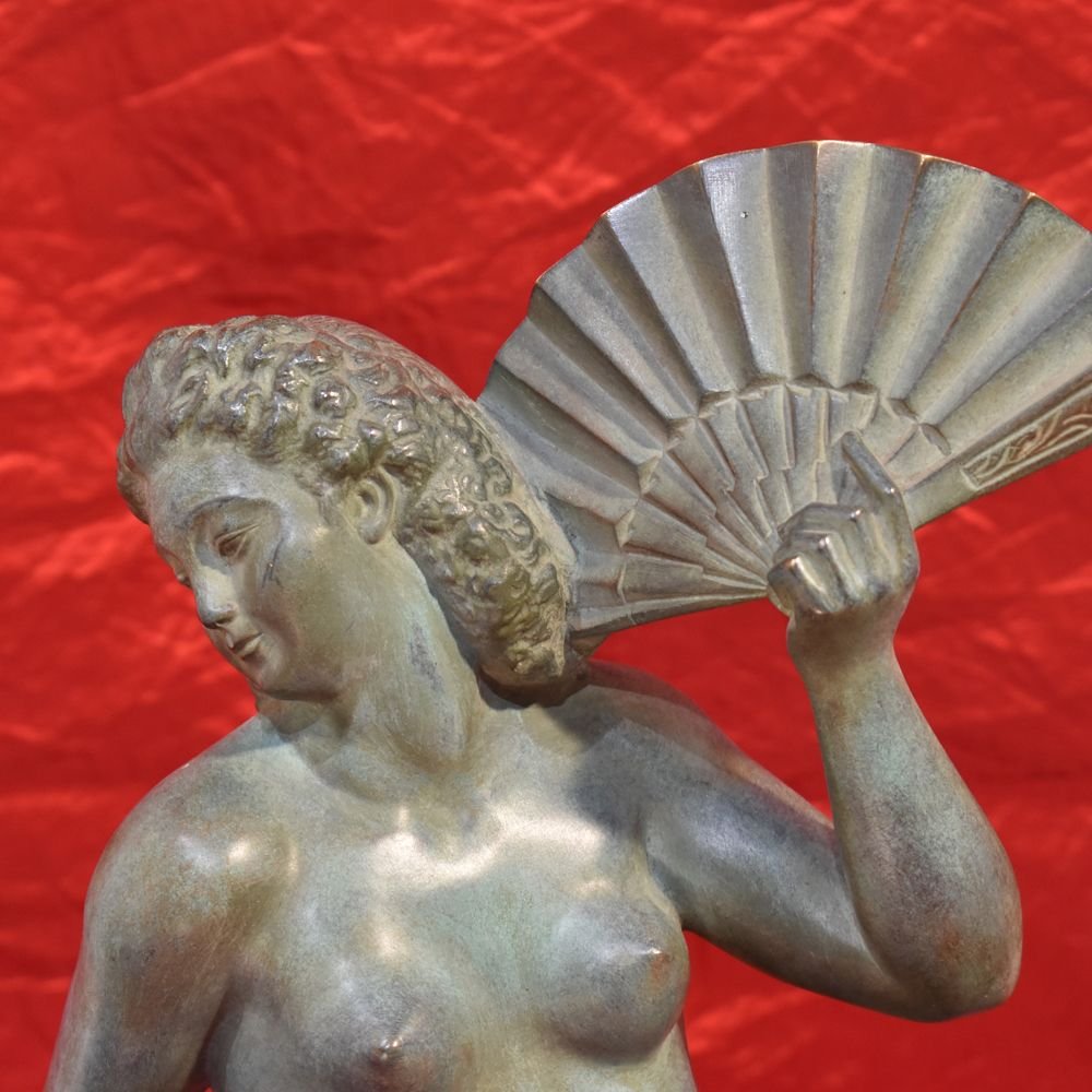 Sculptures Art Déco, Sculptures D'une Femme à l'éventail En Bronze, Début XXème Siècle. (STB31)-photo-4
