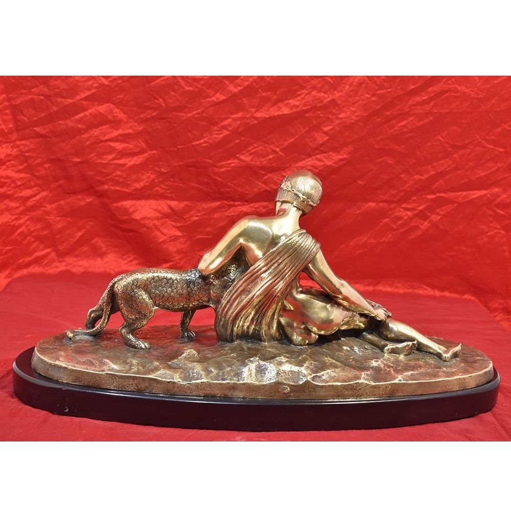 Antique Bronze Sculpture, Woman With Leopard, Signed Charles Charles, Art Deco.  (stb30)   -photo-3