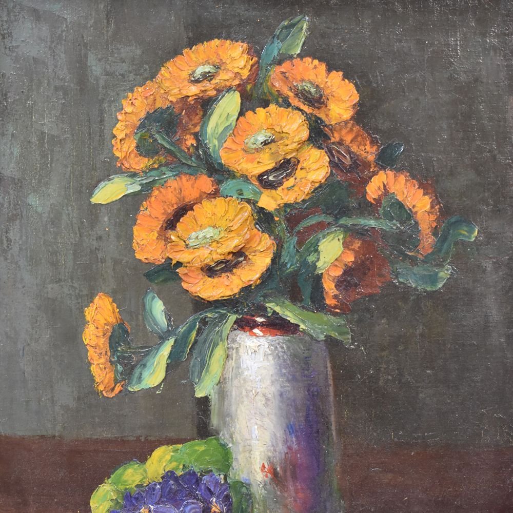 Flower painting, Yellow Daisies Painting, Still Life, Oil On Canvas, Art Deco. (qf24)-photo-2