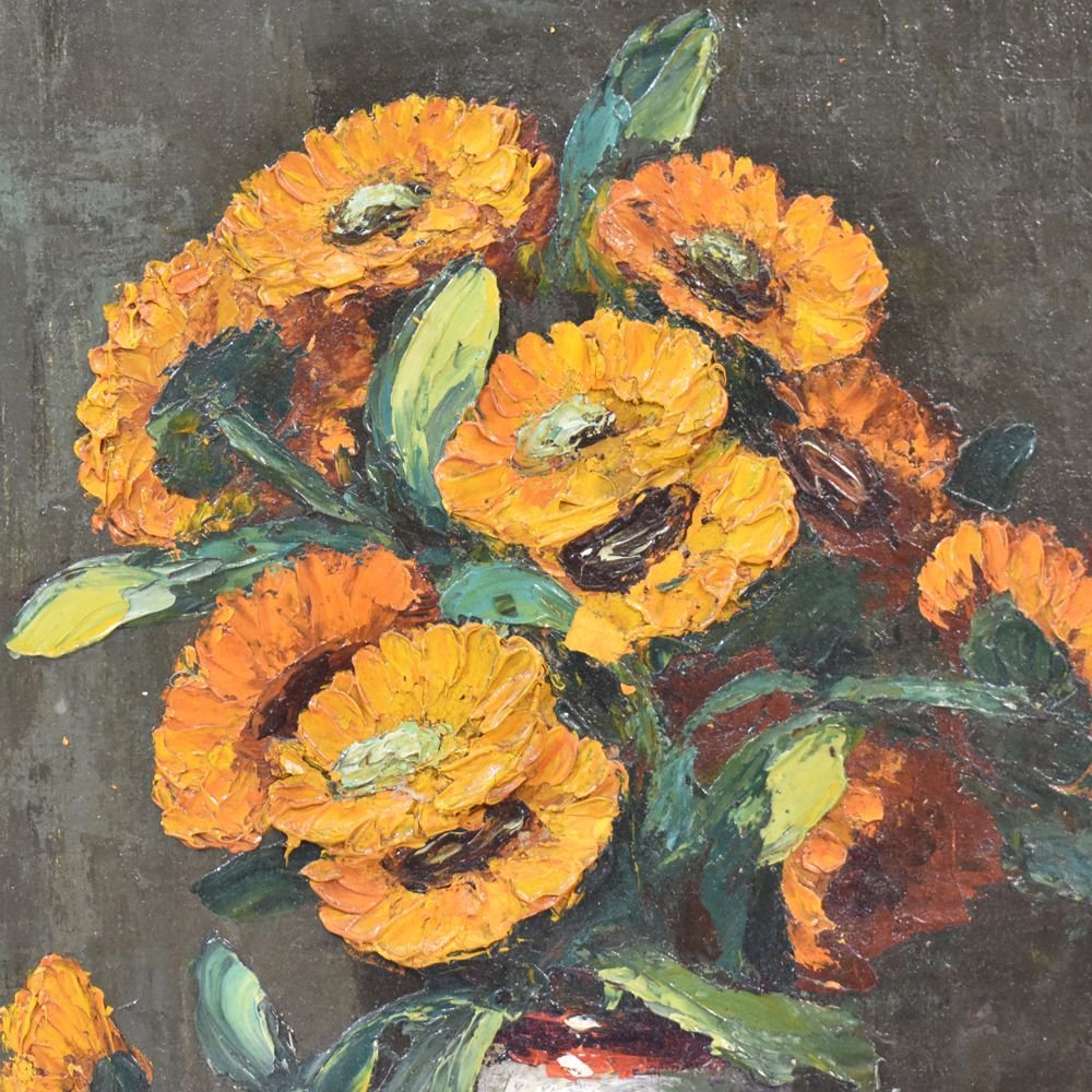 Flower painting, Yellow Daisies Painting, Still Life, Oil On Canvas, Art Deco. (qf24)-photo-3