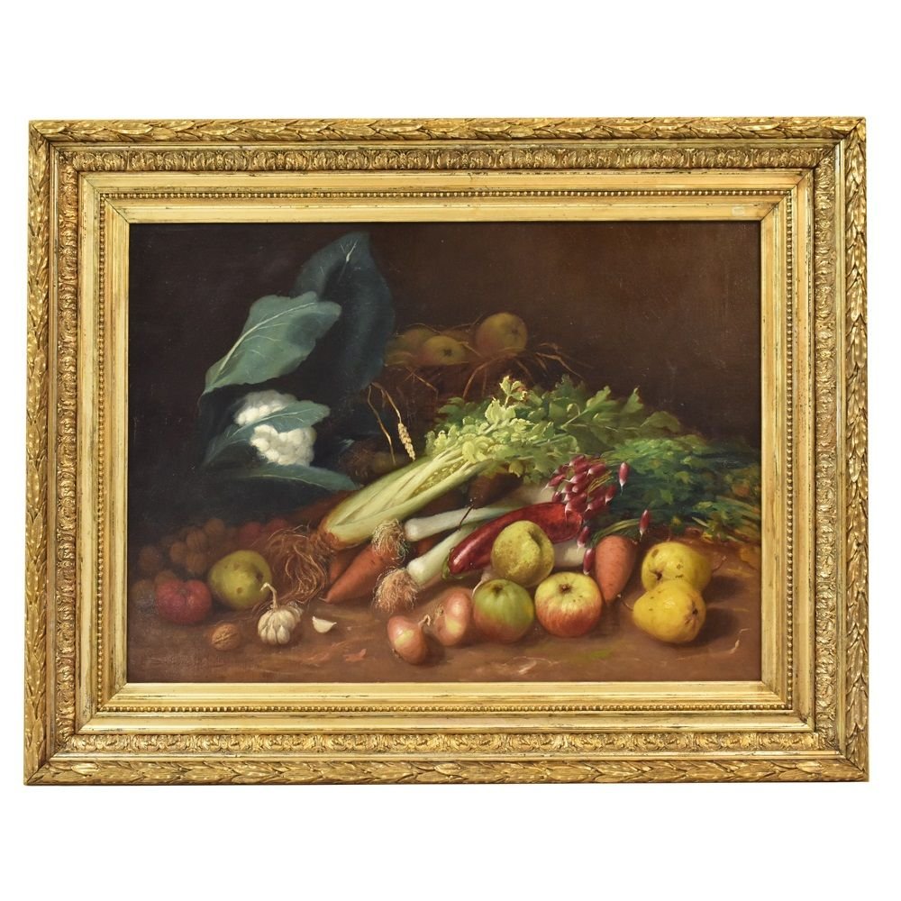 Still Life Painting, Vegetable And Fruit, Oil Painting On Canvas, 19th Century.  (qnm165)