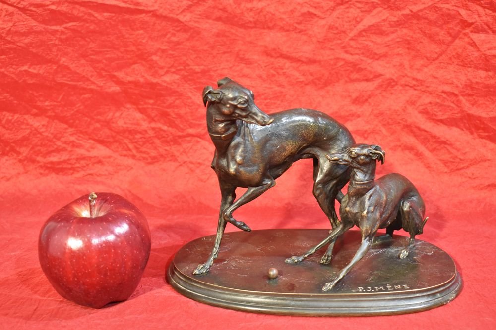 Antique Bronze Sculpture, Avec Deux Chiens Lévriers, Signé Pierre-Jules Mène,  XIXè. (STB38)-photo-2