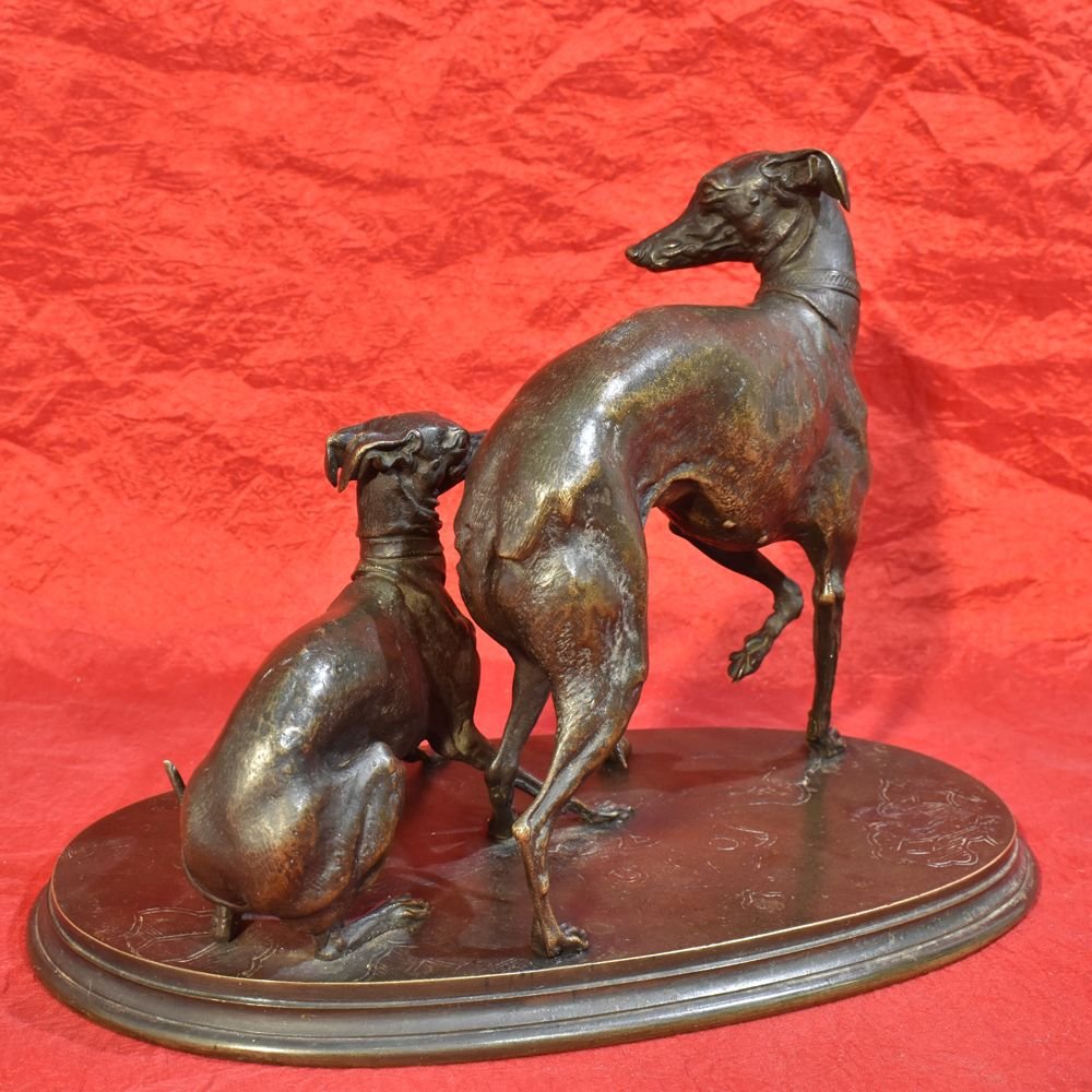 Antique Bronze Sculpture, Two Greyhound Dogs, Signed Pierre-jules MÈne. (stb38)-photo-2