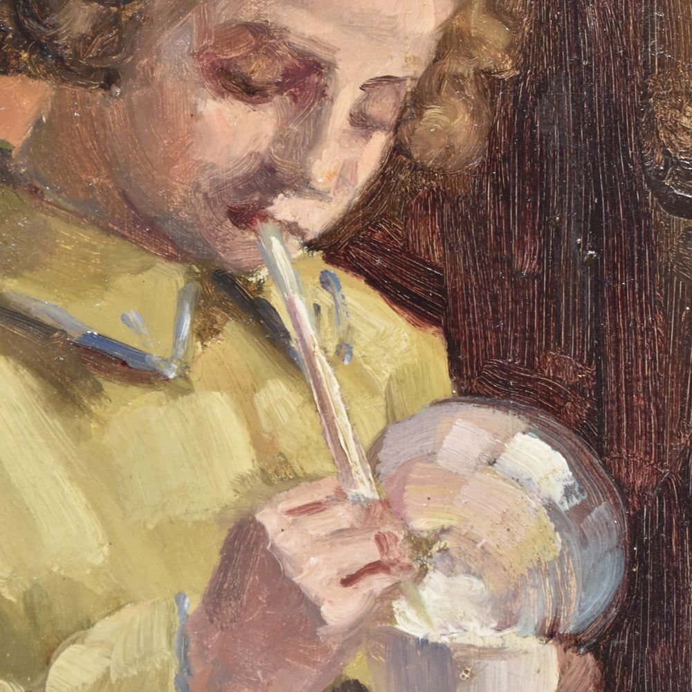 Tableaux Art Nouveau, Portrait Ancien Avec Petite Fille, Huile Sur Bois, XXè.   (QR189)-photo-2