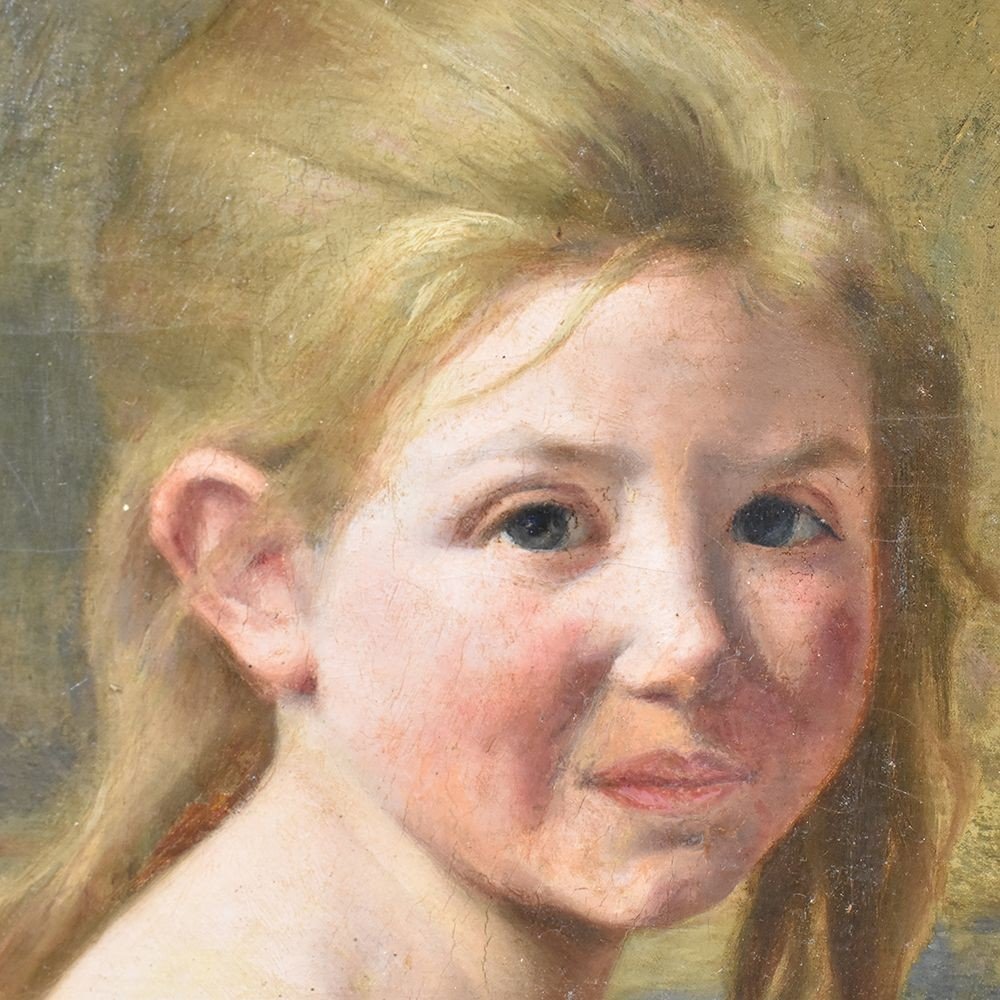 Young Woman Portrait Painting, French Oil Painting On Canvas, 19th Century. (qr 310)-photo-1