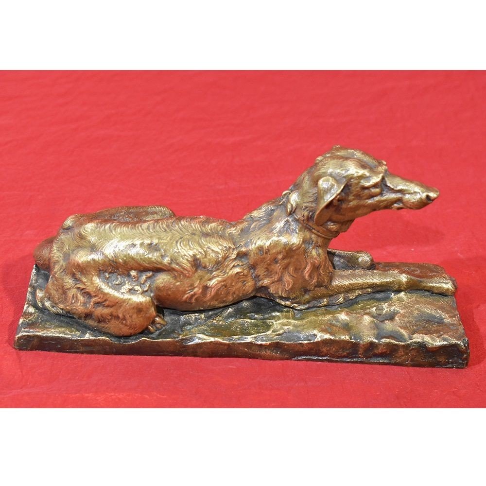 Antique Bronze Sculpture, Art Deco, Little Greyhound Dog, 20th Century. (stb49)-photo-4