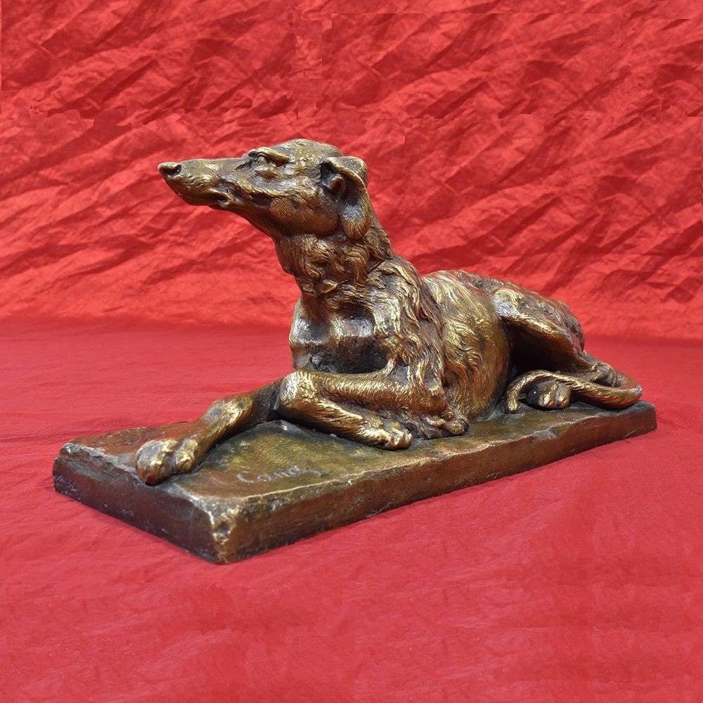 Antique Bronze Sculpture, Art Deco, Little Greyhound Dog, 20th Century. (stb49)