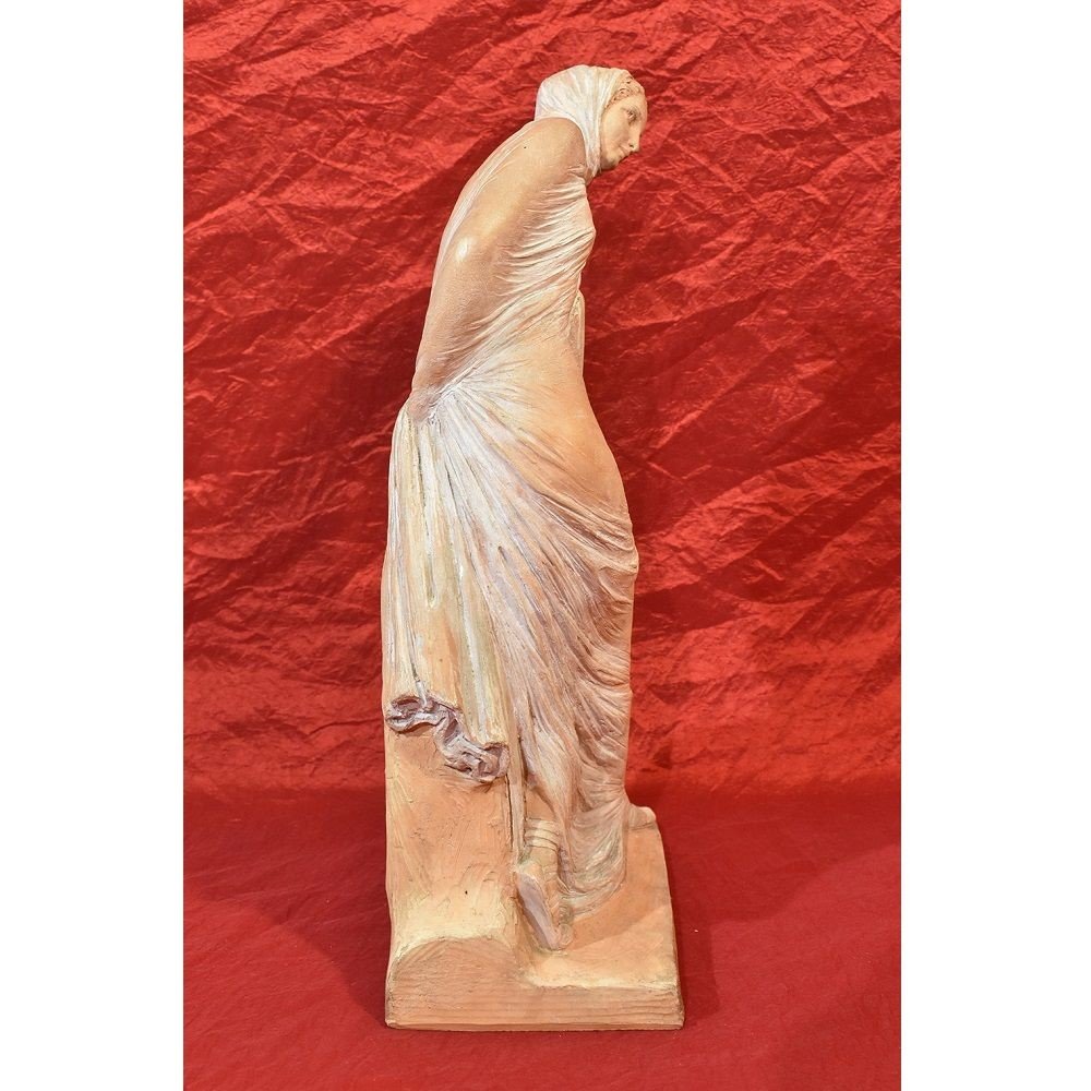 Terracotta, Woman Dressed In Veils, Signed Cormier Dit JoÉ Descomps, 20th Century. (stte51)-photo-3