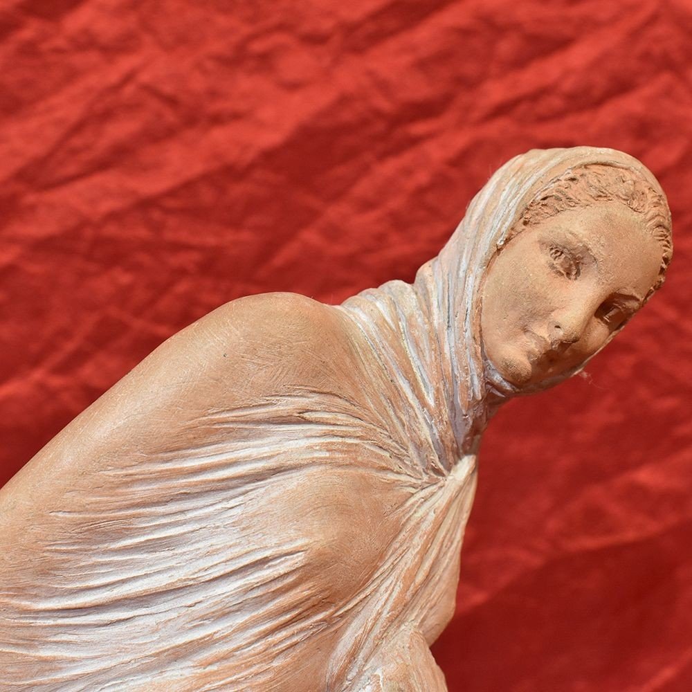 Terracotta, Woman Dressed In Veils, Signed Cormier Dit JoÉ Descomps, 20th Century. (stte51)-photo-1