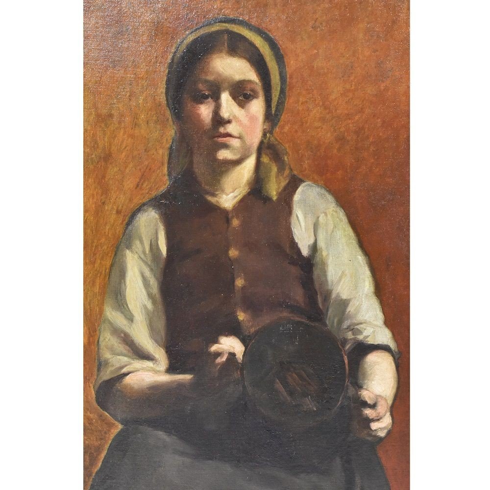  Young Woman Portrait Painting, French Oil Painting On Canvas, 20th Century. (qr 318)-photo-3