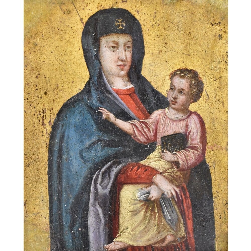 PETIT TABLEAU RELIGIEUX ANCIEN, VIERGE À L'ENFANT, HUILE SUR CUIVRE, XVIIÈME SIÈCLE. (QREL322)-photo-4