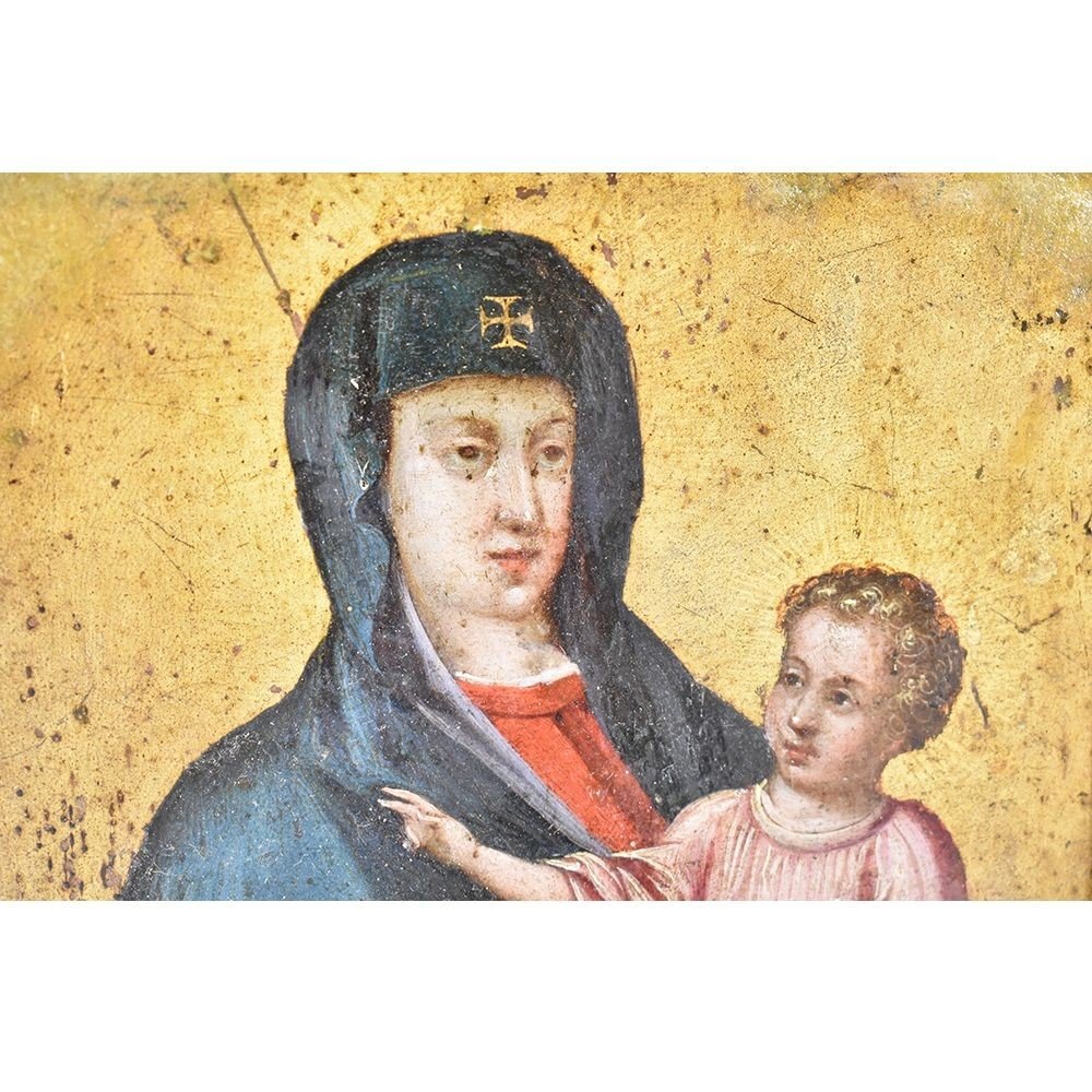 PETIT TABLEAU RELIGIEUX ANCIEN, VIERGE À L'ENFANT, HUILE SUR CUIVRE, XVIIÈME SIÈCLE. (QREL322)-photo-3