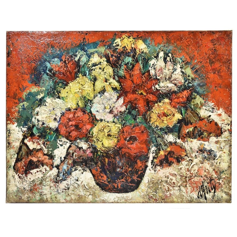 Still Life Painting, Flowers Vase Painting, Vase Of Roses, Oil On Canvas, 20th Century. (qf183)-photo-2