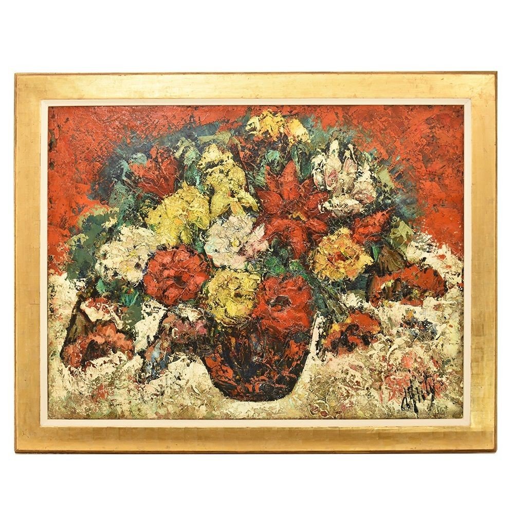 Still Life Painting, Flowers Vase Painting, Vase Of Roses, Oil On Canvas, 20th Century. (qf183)