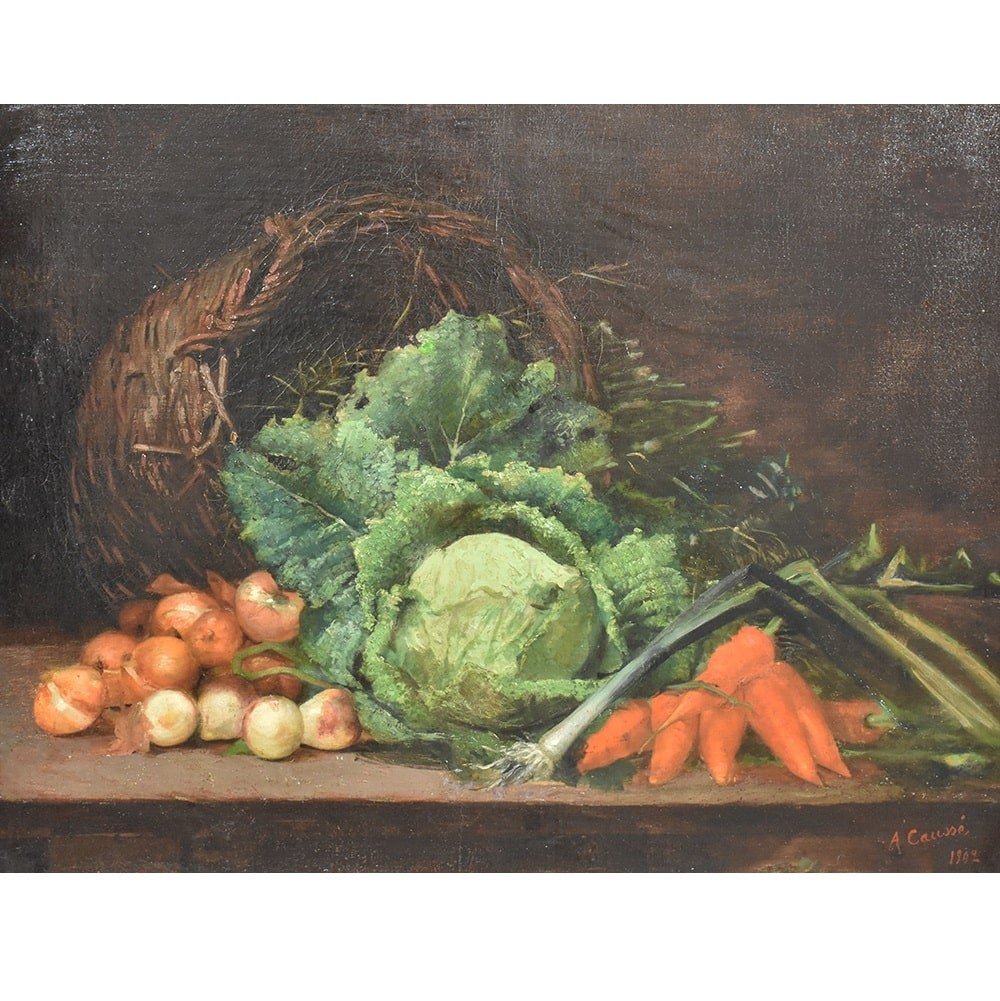 Antique painting, Still Life Painting, Basket With Vegetables,  Early 20th Century. (qnm 356)-photo-3