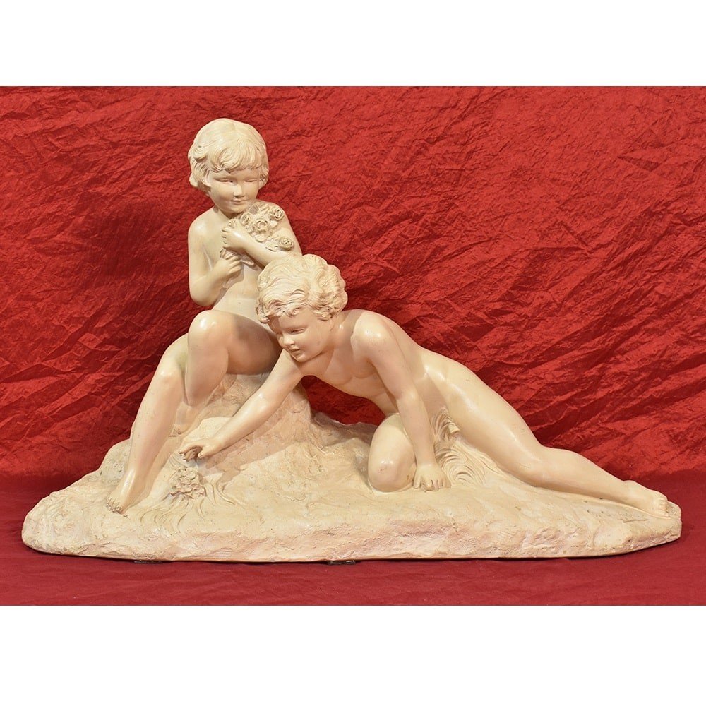 Art Deco Sculpture, Terracotta, Two Children Playing, Ugo Cipriani, 20th Century. (stte70)-photo-3