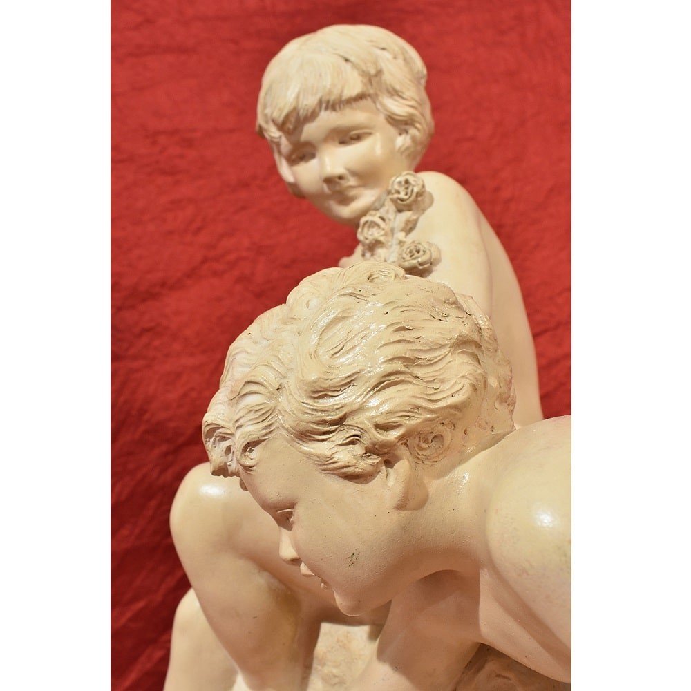 Art Deco Sculpture, Terracotta, Two Children Playing, Ugo Cipriani, 20th Century. (stte70)-photo-1