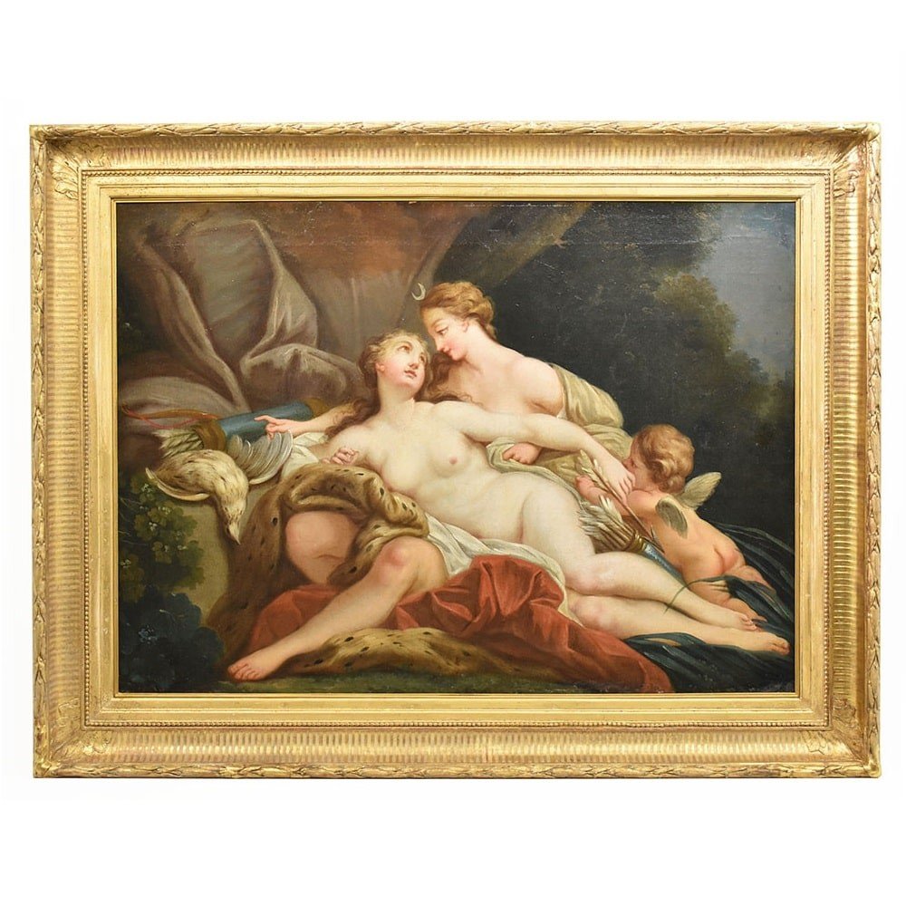 Antique Painting, Mythology Painting With Diana, Oil On Canvas, 18th Century. (qmit392)